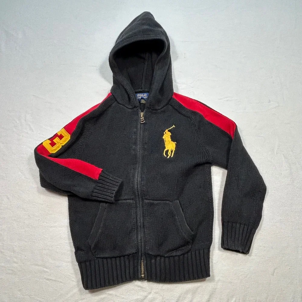 Polo Ralph Lauren Zip Hoodie Size 6 Boys Big Pony Cotton Knit Sweater Black Fade